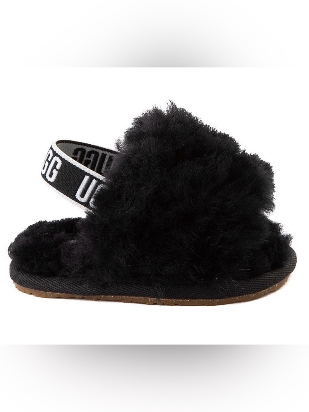 UGG Kids Black Fuzzy Slide Sandals with Logo Elastic Strap Sz 6